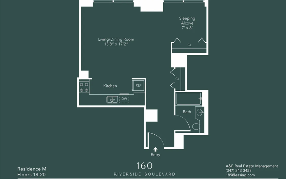 19M  - Studio floorplan layout with 1 bathroom and 585 square feet (Floor 7)